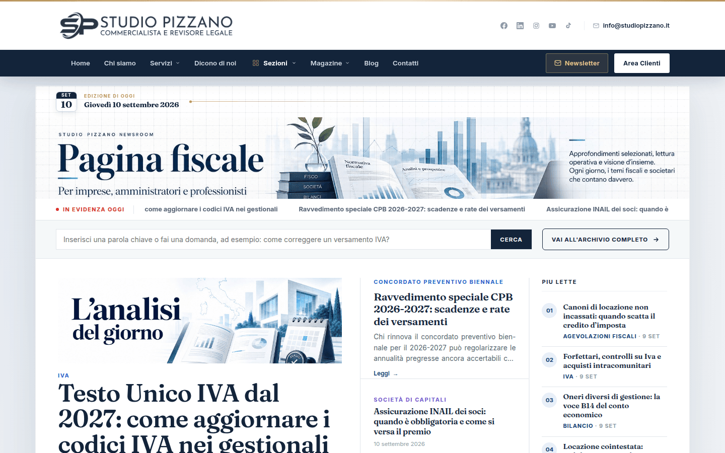 Homepage di studiopizzano.it, con l'edizione del giorno, l'analisi in evidenza e l'archivio ricercabile