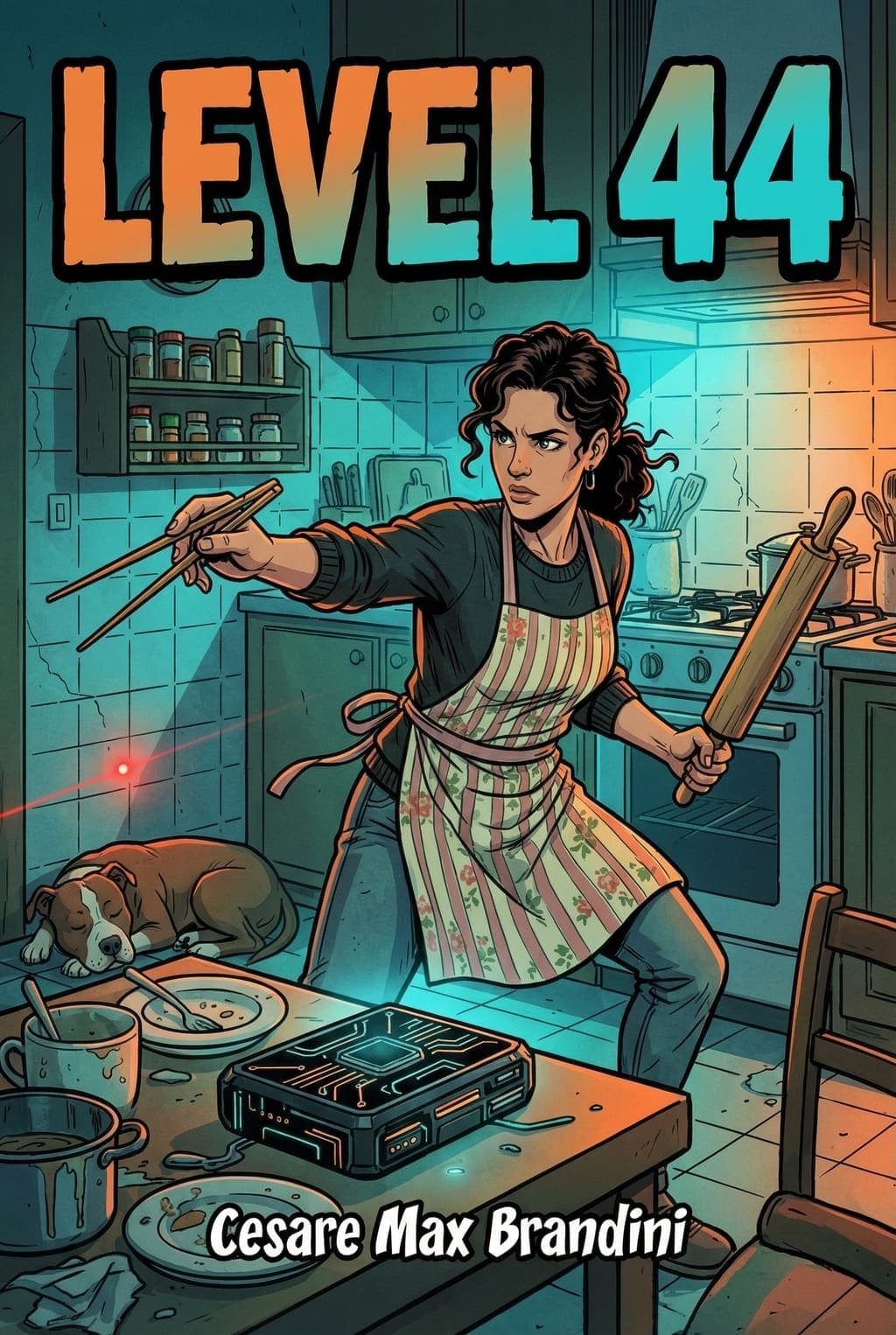 Copertina di Level 44: Emy in grembiule, bacchette in una mano e mattarello nell'altra, davanti alla scatola nera sul tavolo della cucina, con Brando che dorme sul pavimento