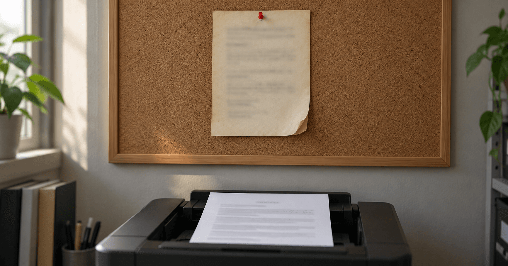 Un foglio appuntato su una bacheca di sughero e, sotto, un foglio appena uscito da una stampante da ufficio